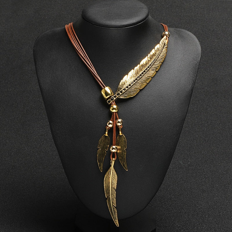 New Bohemian Style Rope Chain Leaf Feather Necklace