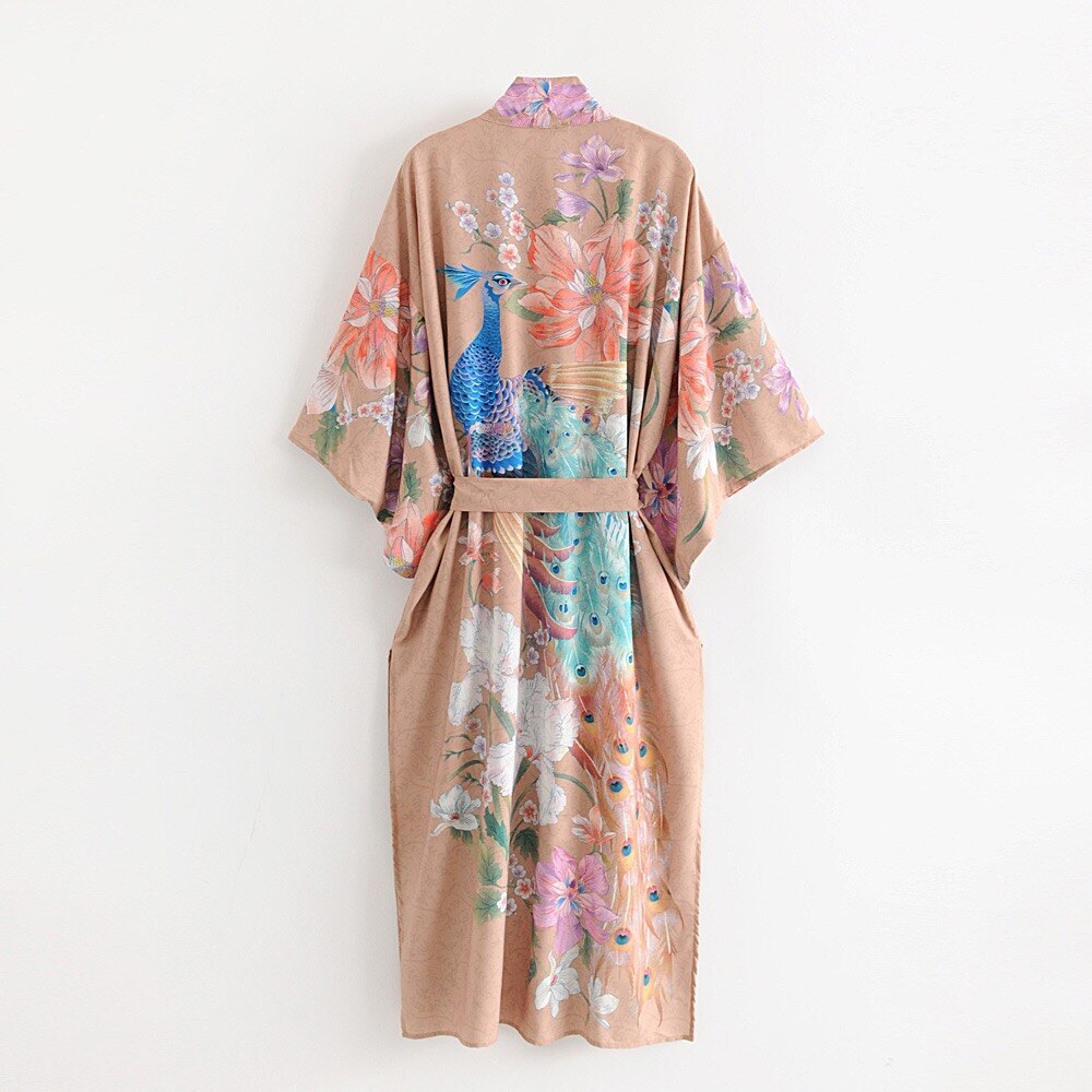 Bohemian V neck Peacock Flower Print robe