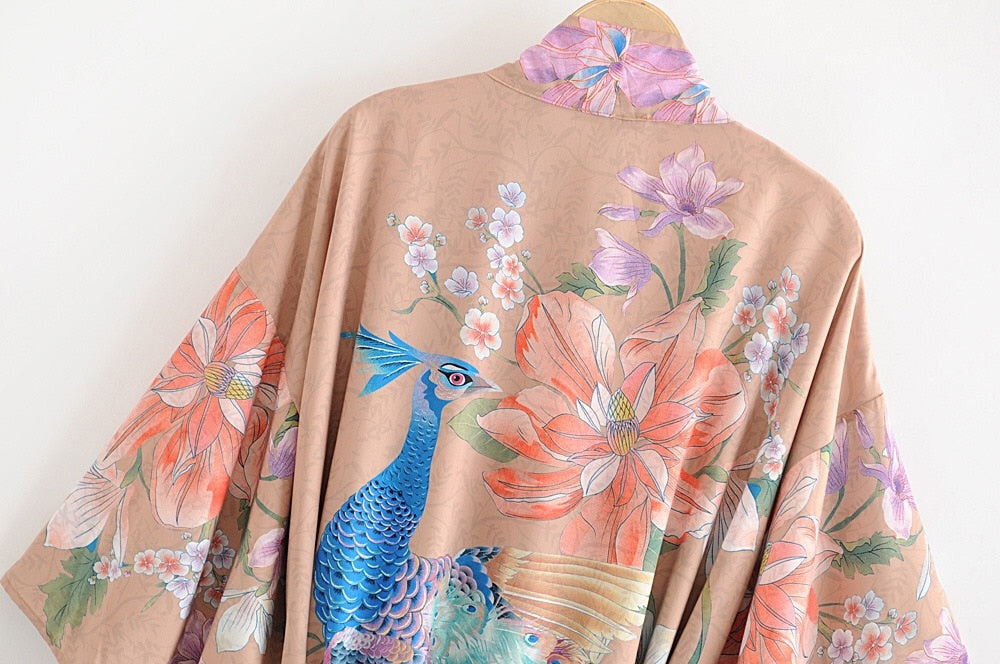 Bohemian V neck Peacock Flower Print robe