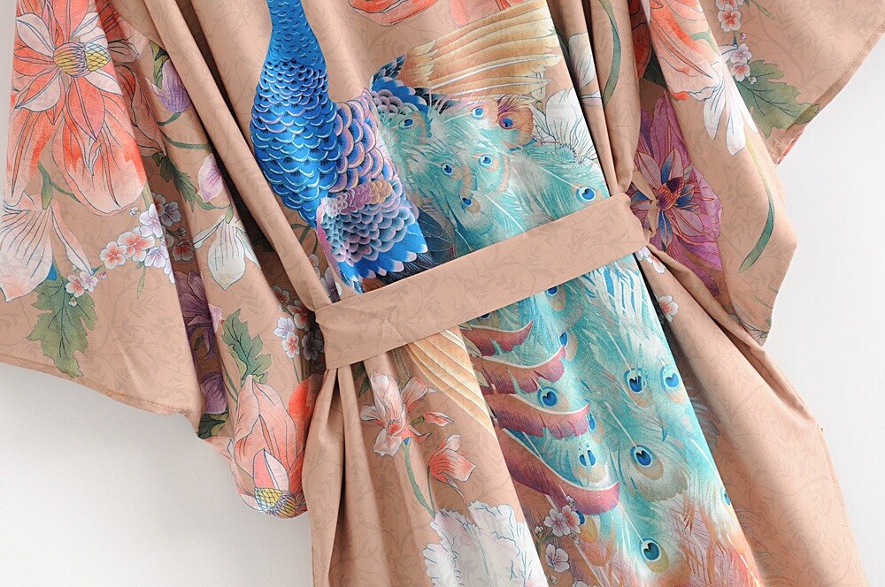 Bohemian V neck Peacock Flower Print robe