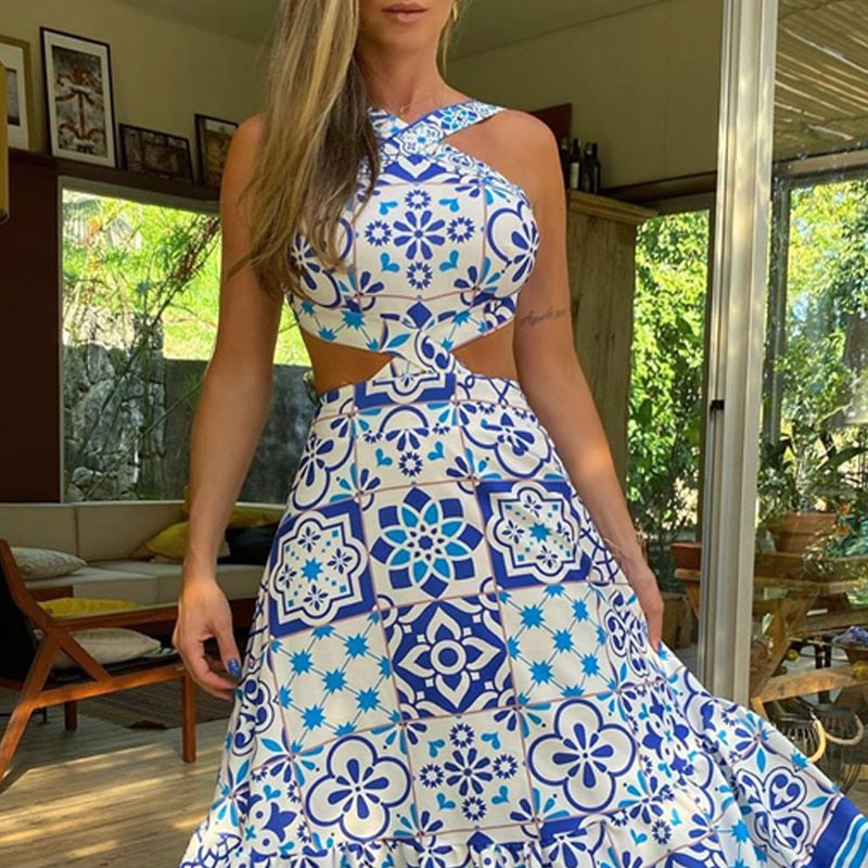 Vintage Printed Dresses Summer 2022 Women Sleeveless Halter Sexy Long Dress A-Line Elegant Woman Pary Dress