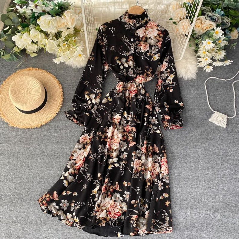Vintage Floral Print Stand collar Chiffon Dress
