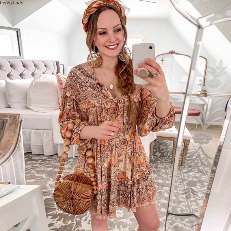 Boho blush floral print frill dress