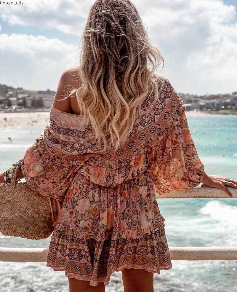 Boho blush floral print frill dress