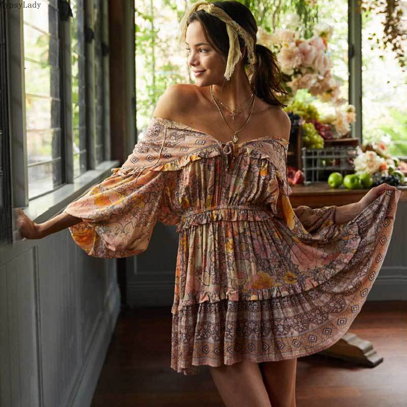Boho blush floral print frill dress