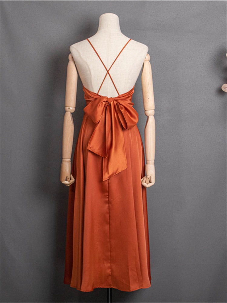 Sexy backless summer v-line vintage dress