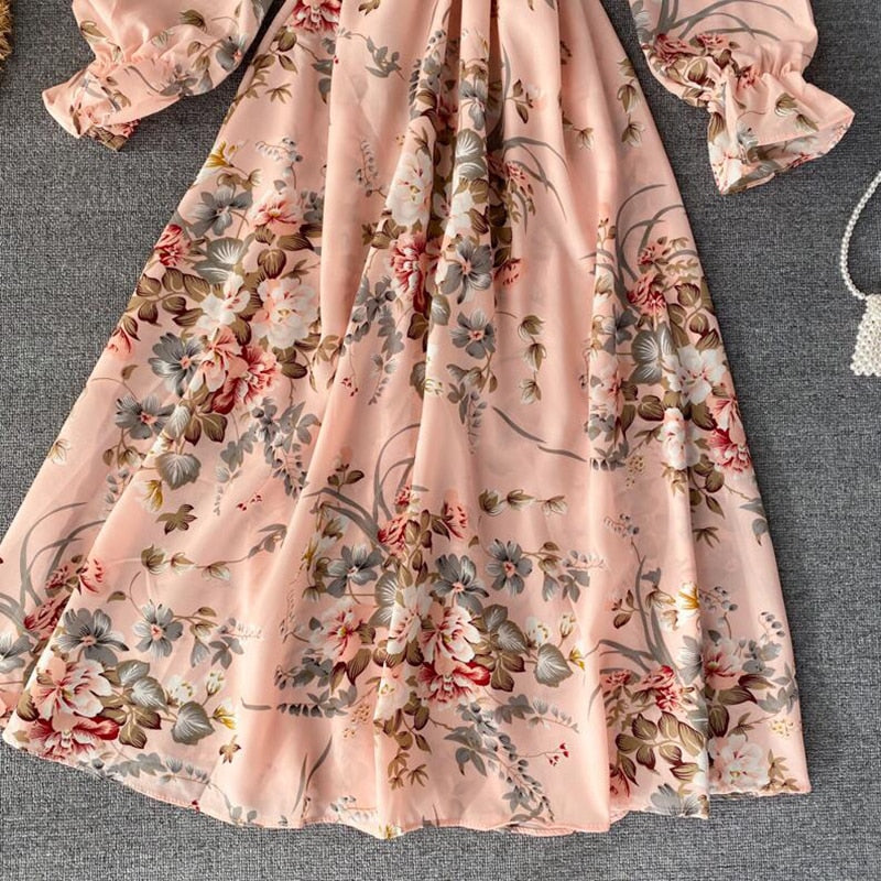 Vintage Floral Print Stand collar Chiffon Dress