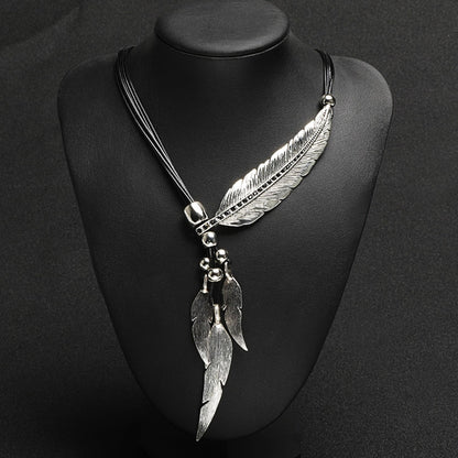 New Bohemian Style Rope Chain Leaf Feather Necklace