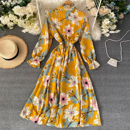 Vintage Floral Print Stand collar Chiffon Dress