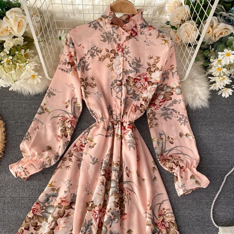 Vintage Floral Print Stand collar Chiffon Dress