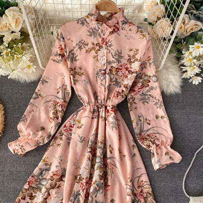 Vintage Floral Print Stand collar Chiffon Dress