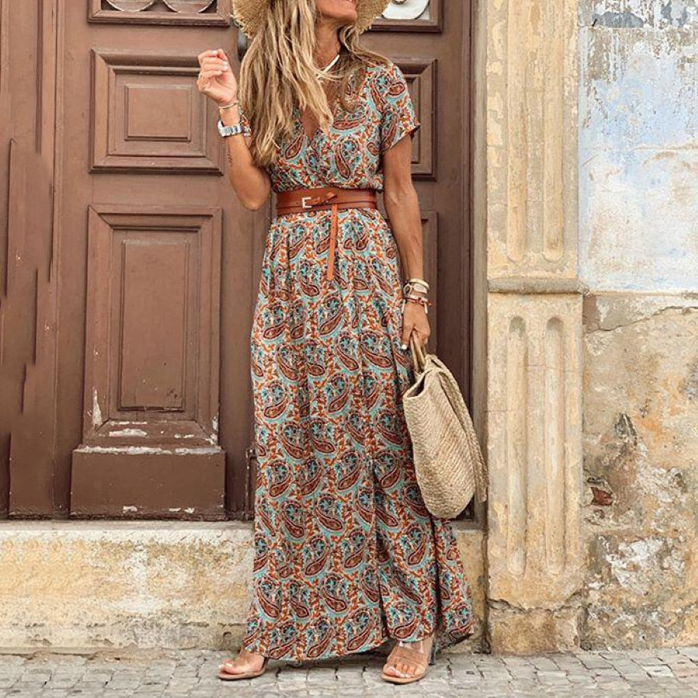 Boho Women V Neck side slit Dress