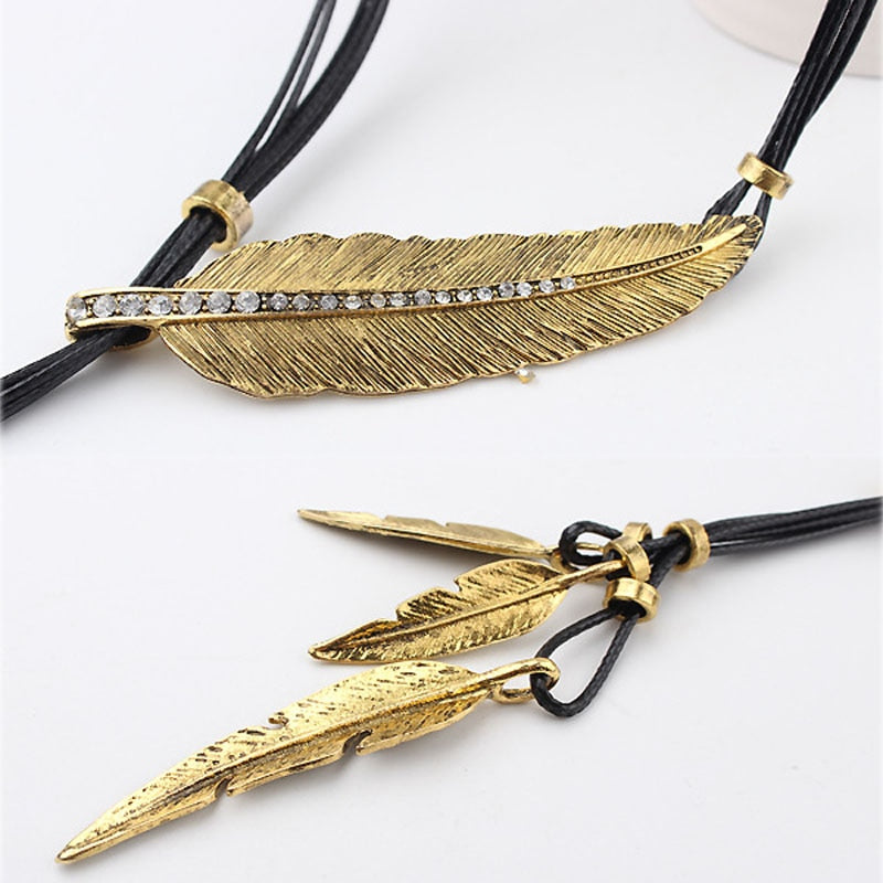 New Bohemian Style Rope Chain Leaf Feather Necklace