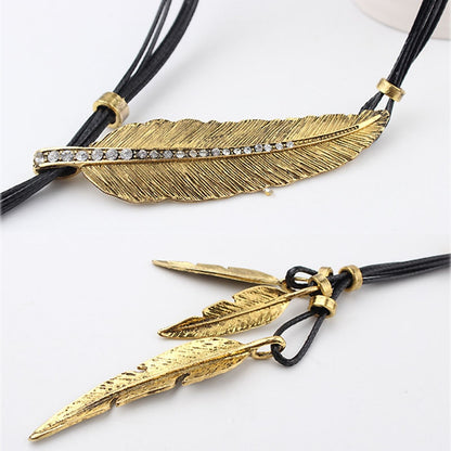 New Bohemian Style Rope Chain Leaf Feather Necklace