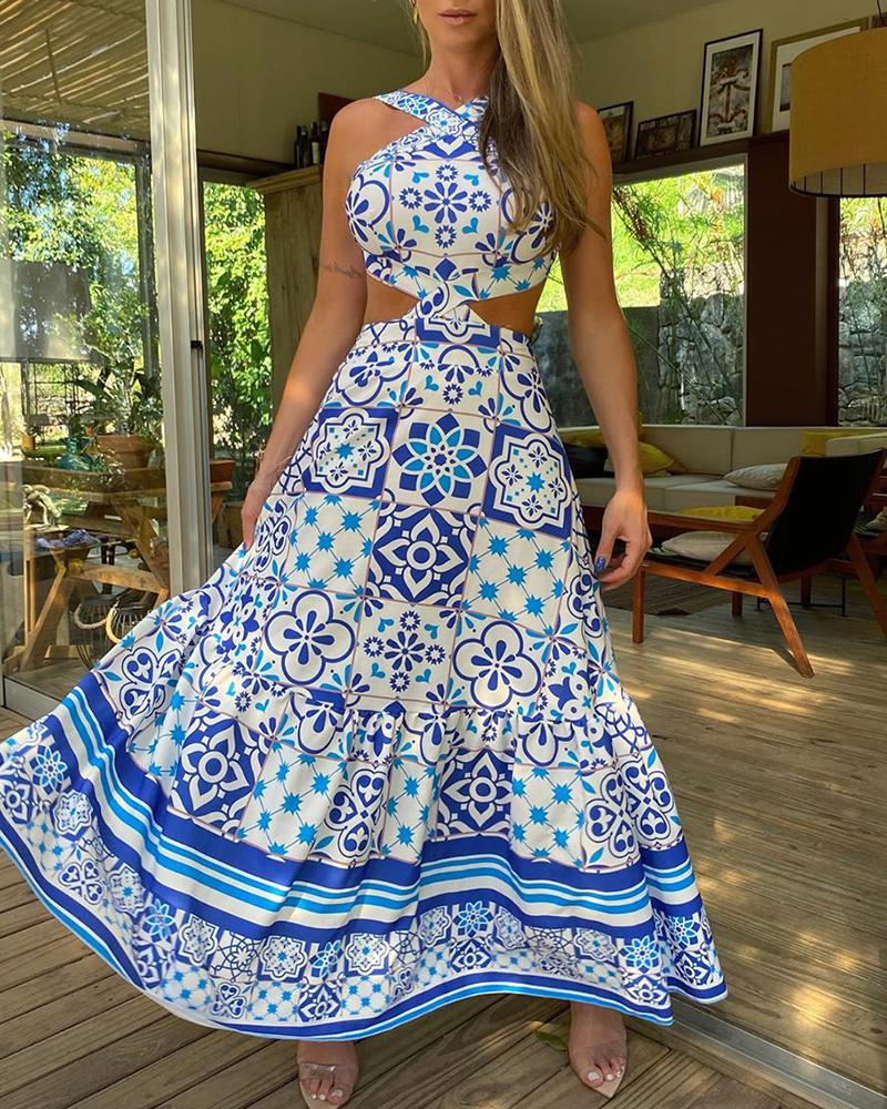 Vintage Printed Dresses Summer 2022 Women Sleeveless Halter Sexy Long Dress A-Line Elegant Woman Pary Dress