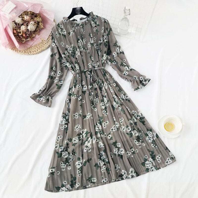 New Women Spring Print Dresses Long Sleeve