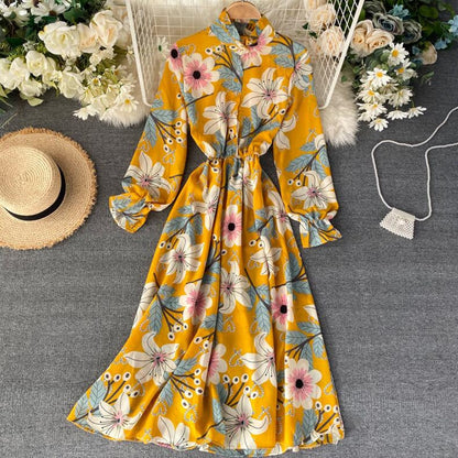 Vintage Floral Print Stand collar Chiffon Dress