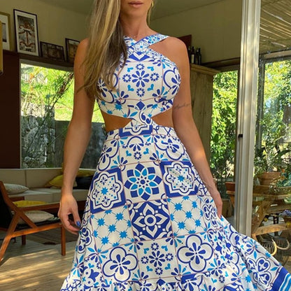 Vintage Printed Dresses Summer 2022 Women Sleeveless Halter Sexy Long Dress A-Line Elegant Woman Pary Dress