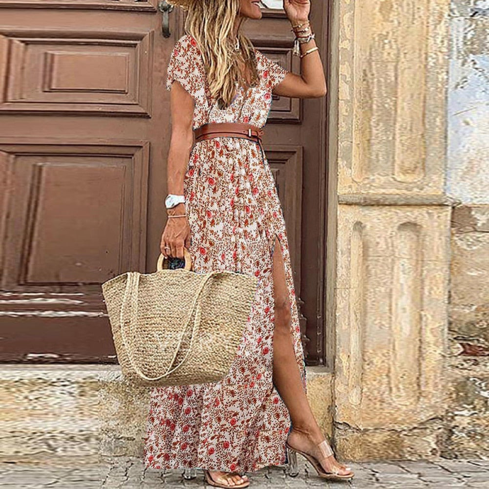 Boho Women V Neck side slit Dress
