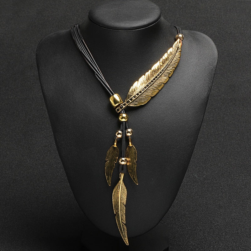 New Bohemian Style Rope Chain Leaf Feather Necklace