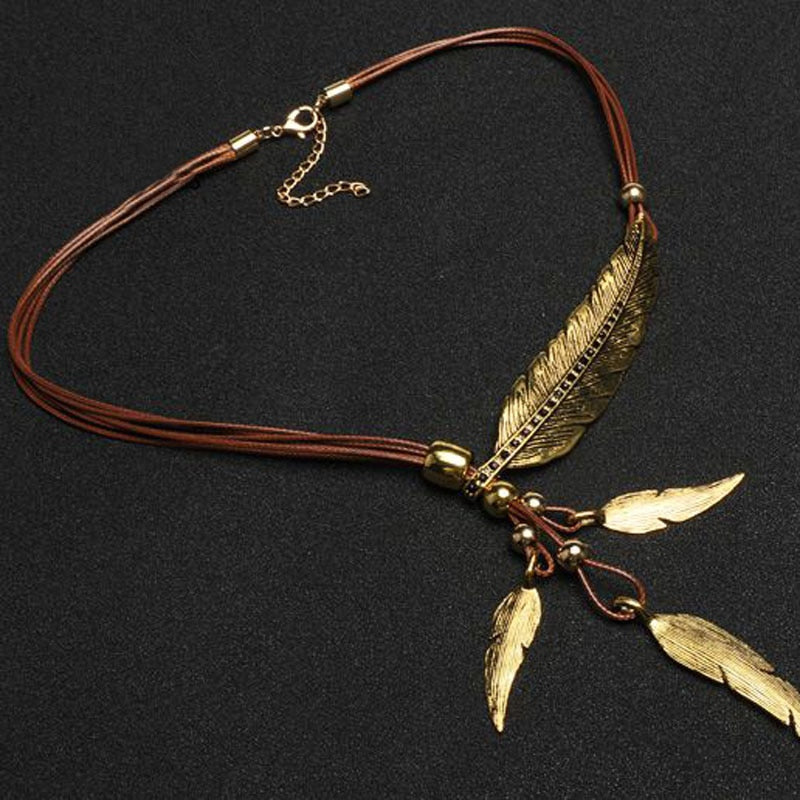 New Bohemian Style Rope Chain Leaf Feather Necklace