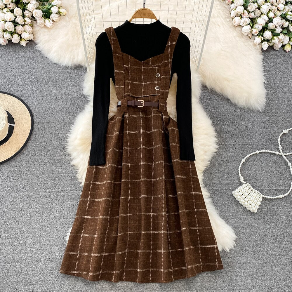 High Quality Fall Winter Women Sweater Overalls Dress
