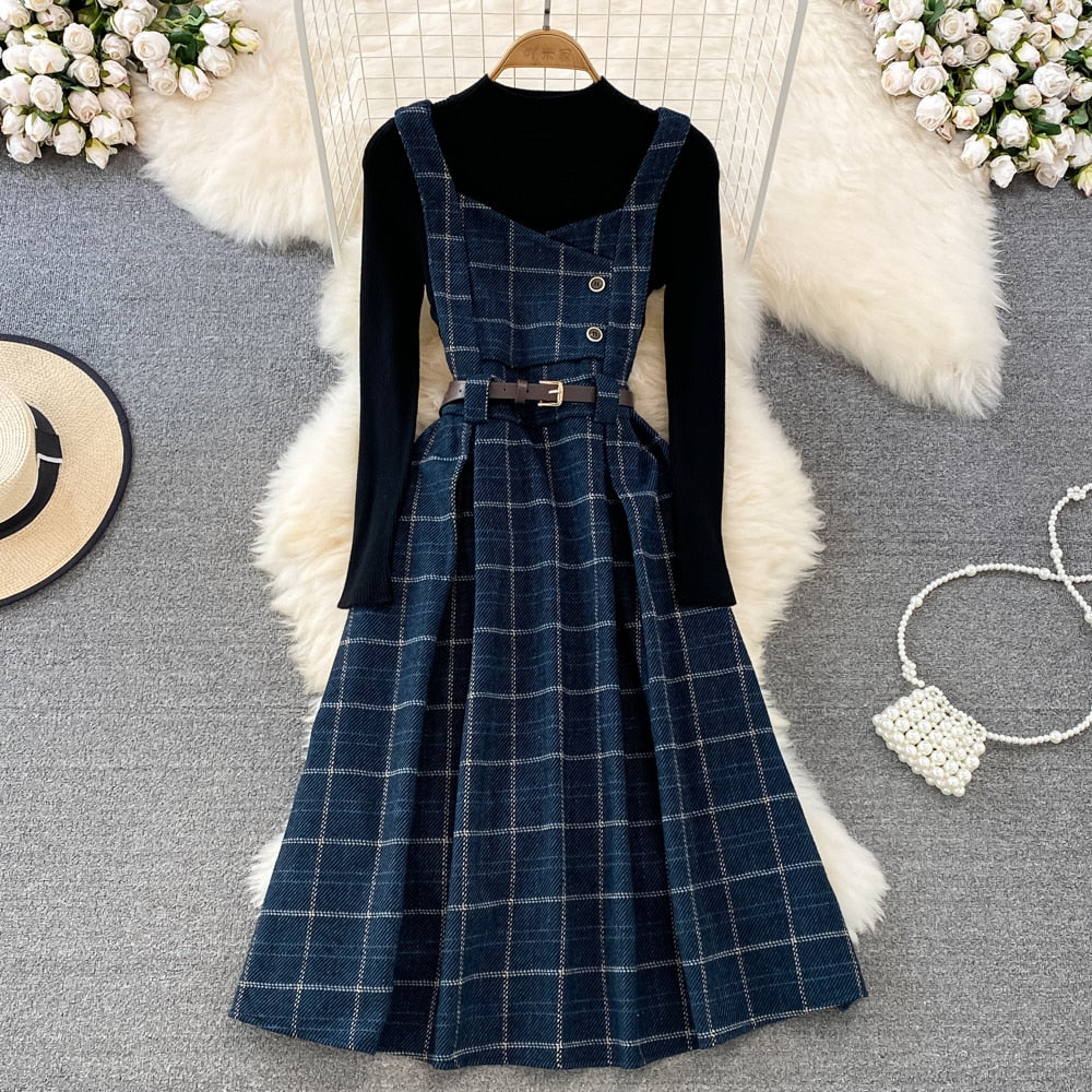 High Quality Fall Winter Women Sweater Overalls Dress