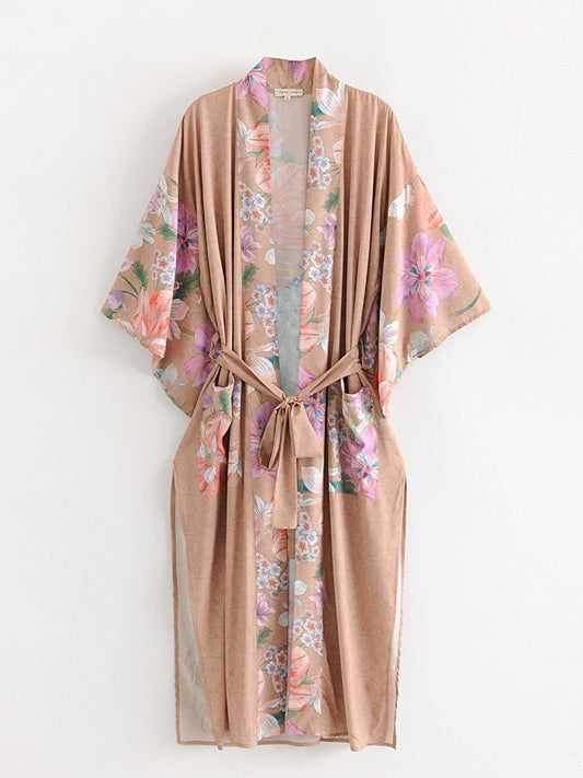 Bohemian V neck Peacock Flower Print robe