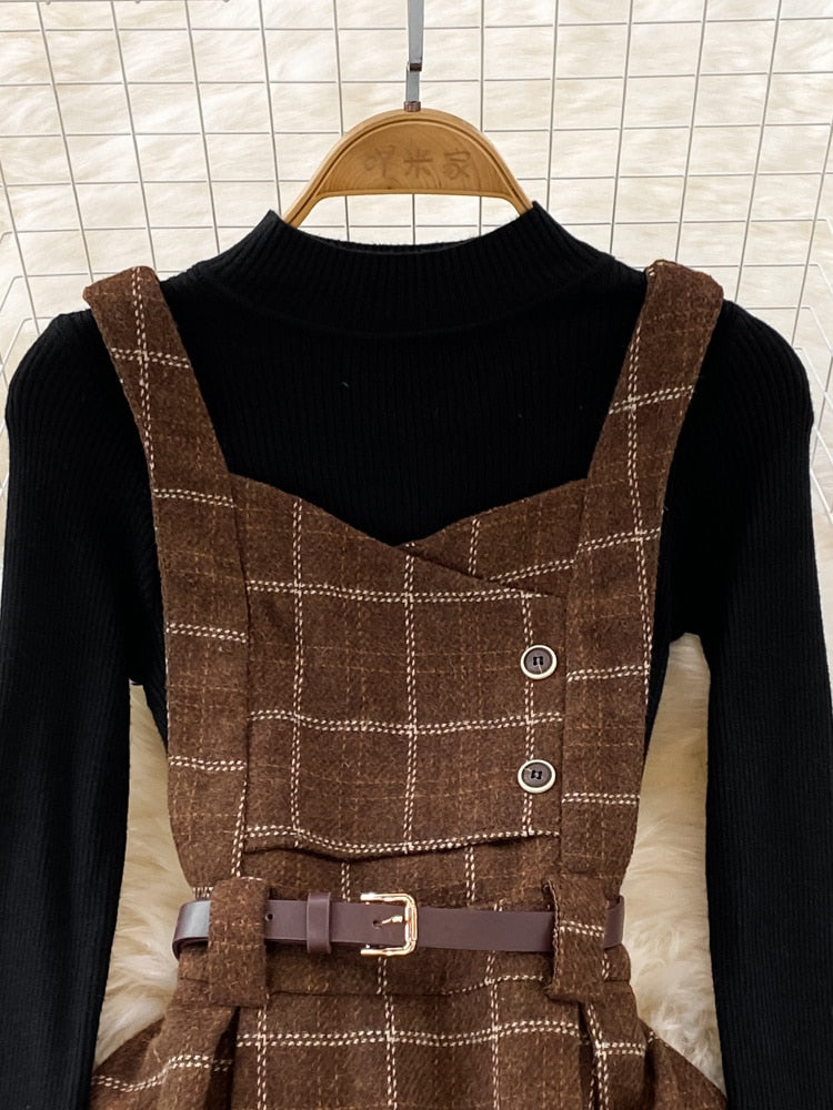 High Quality Fall Winter Women Sweater Overalls Dress