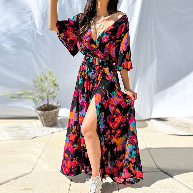 Boho Floral Print Long Dress Sexy