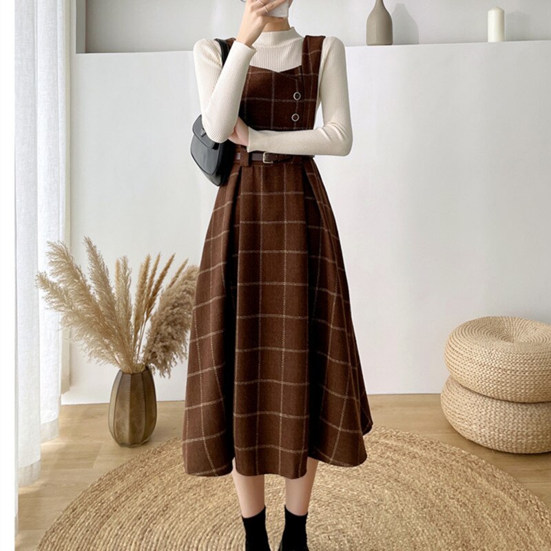High Quality Fall Winter Women Sweater Overalls Dress