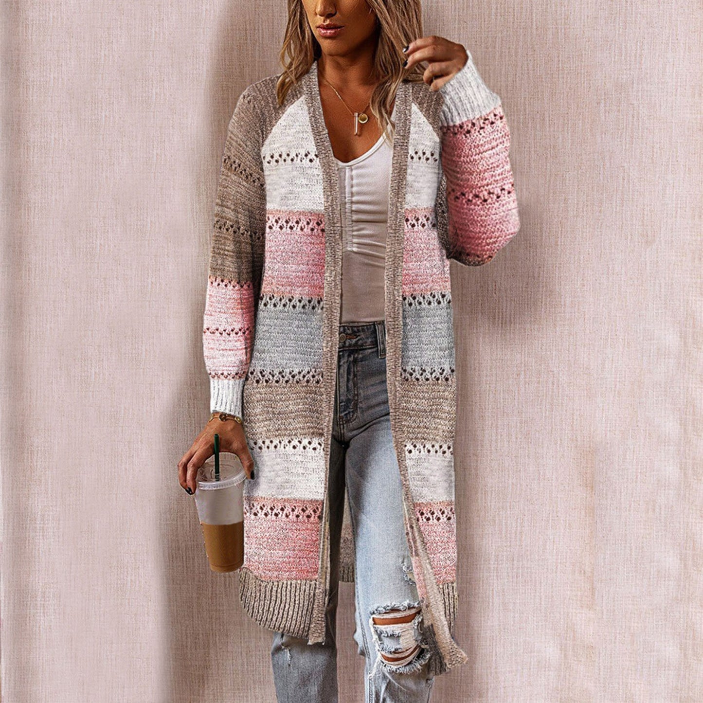 Women Cardigan Comfy Stylish Stitching Long Sleeve Striped Patchwork Sweater Female Casual Long Cardigan Autumn Winter Tops