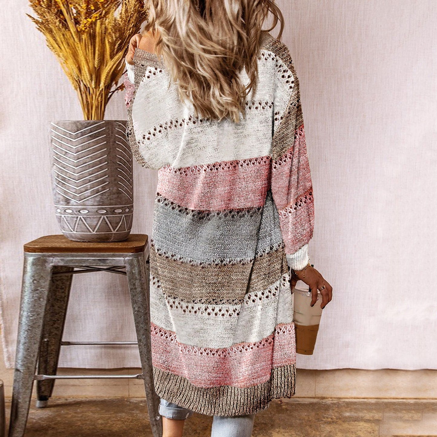 Women Cardigan Comfy Stylish Stitching Long Sleeve Striped Patchwork Sweater Female Casual Long Cardigan Autumn Winter Tops