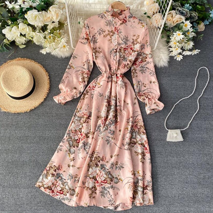 Vintage Floral Print Stand collar Chiffon Dress