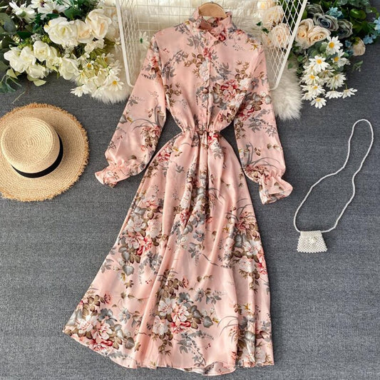 Vintage Floral Print Stand collar Chiffon Dress