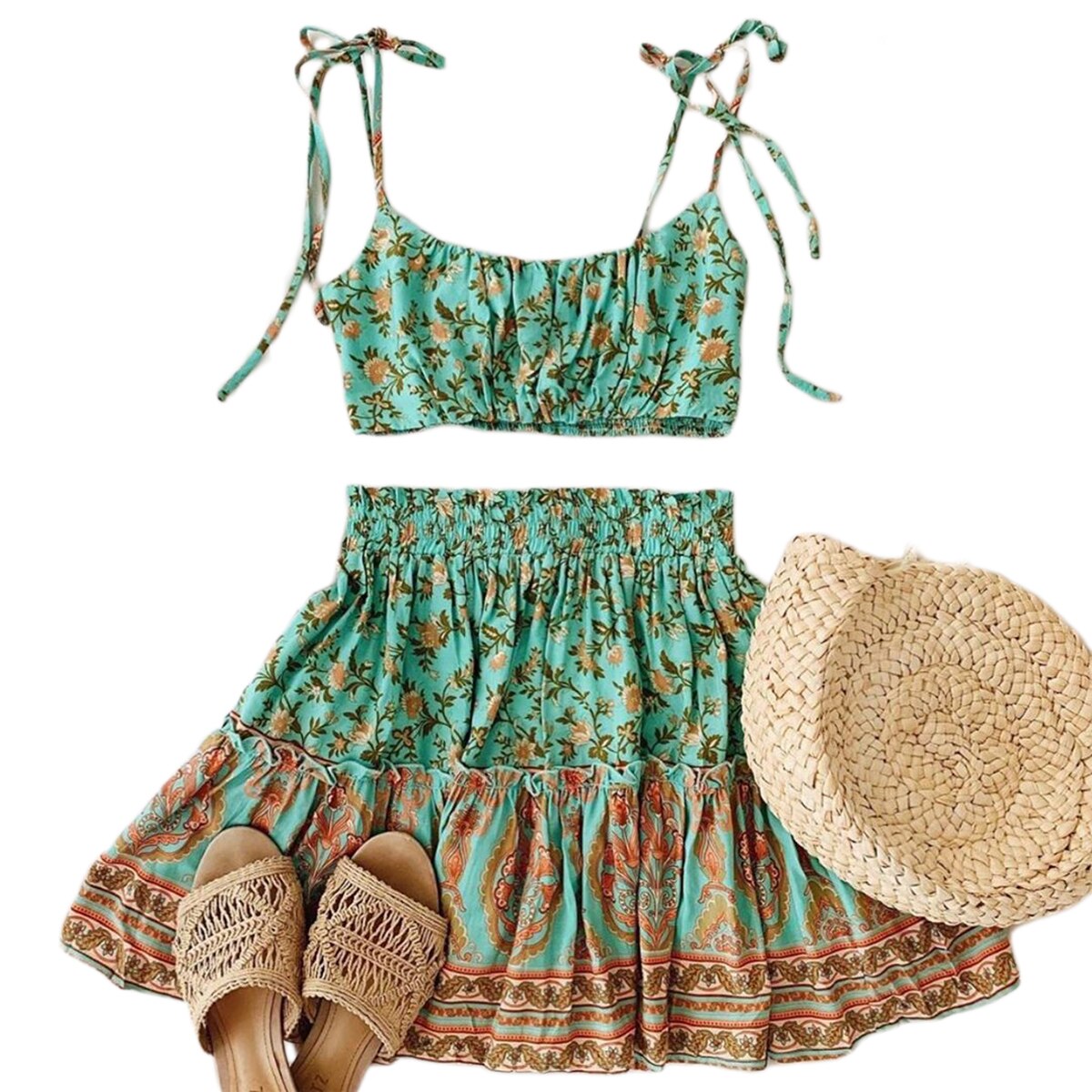 Women Boho Floral Print Skirts Set