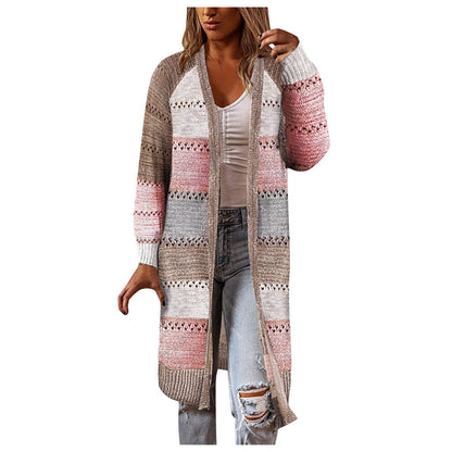 Women Cardigan Comfy Stylish Stitching Long Sleeve Striped Patchwork Sweater Female Casual Long Cardigan Autumn Winter Tops