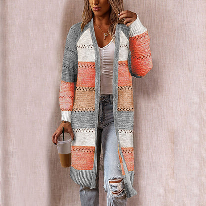 Women Cardigan Comfy Stylish Stitching Long Sleeve Striped Patchwork Sweater Female Casual Long Cardigan Autumn Winter Tops