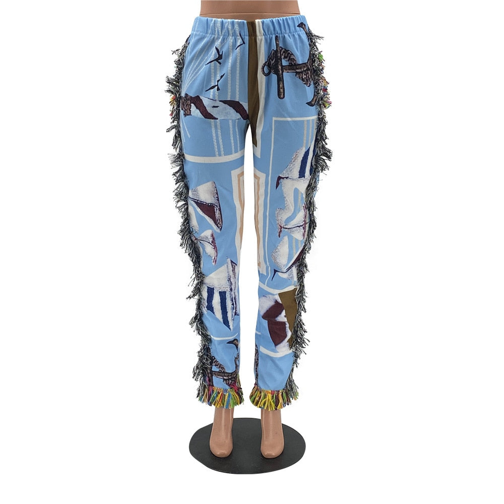 Tassel Patchwork Striped Print Pant