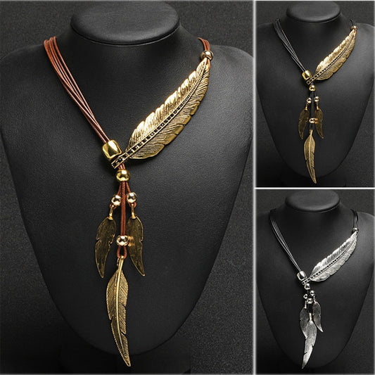 New Bohemian Style Rope Chain Leaf Feather Necklace