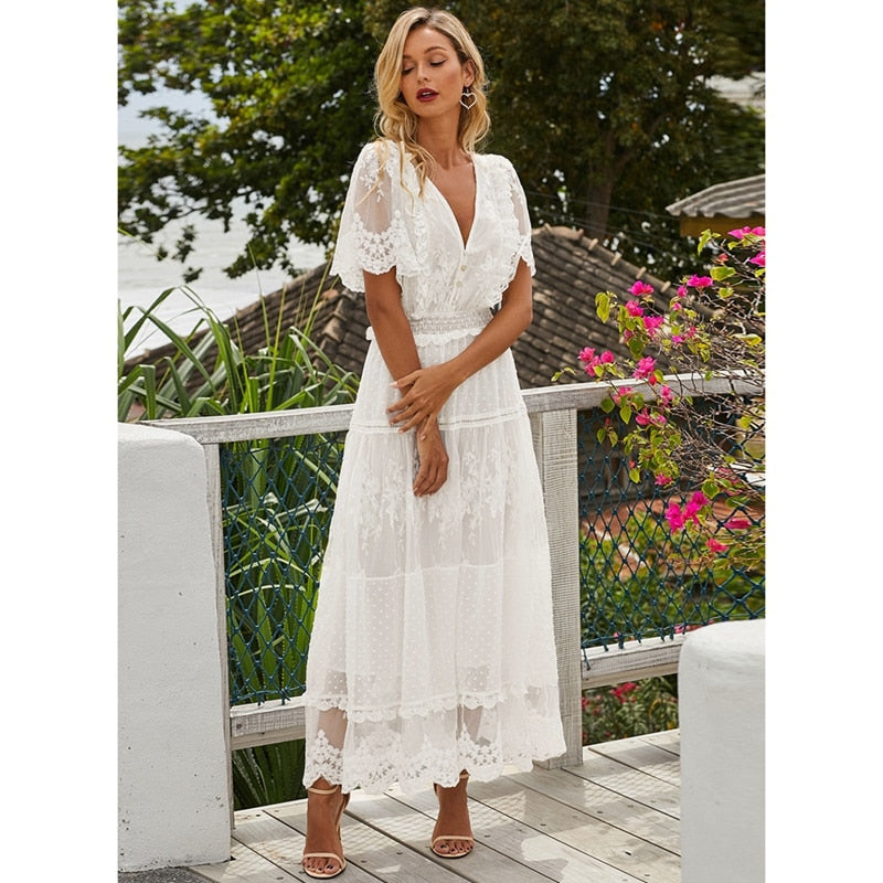 Hollow Out White Dress Sexy Boho