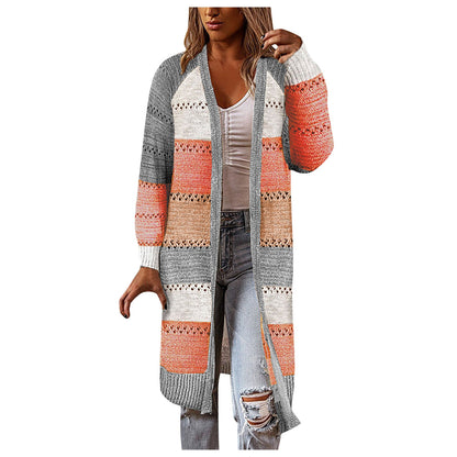 Women Cardigan Comfy Stylish Stitching Long Sleeve Striped Patchwork Sweater Female Casual Long Cardigan Autumn Winter Tops