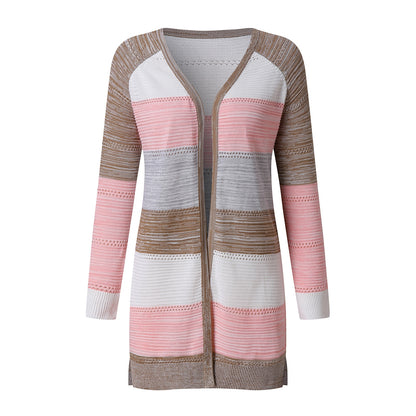 Women Cardigan Comfy Stylish Stitching Long Sleeve Striped Patchwork Sweater Female Casual Long Cardigan Autumn Winter Tops