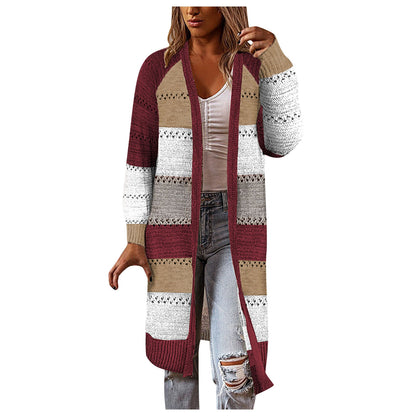 Women Cardigan Comfy Stylish Stitching Long Sleeve Striped Patchwork Sweater Female Casual Long Cardigan Autumn Winter Tops