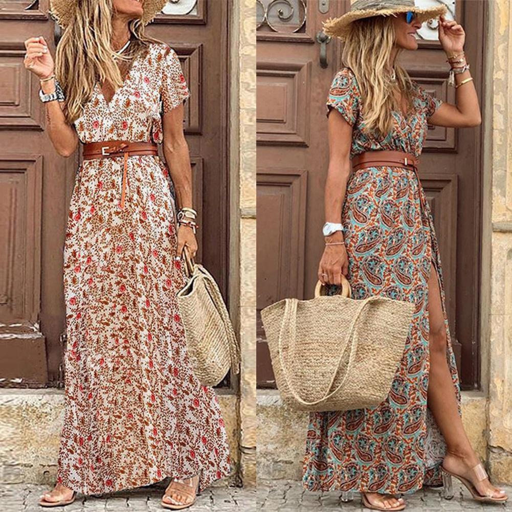 Boho Women V Neck side slit Dress