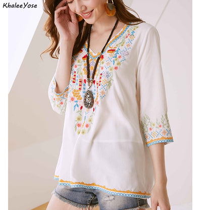 Boho Floral Embroidery Blouse