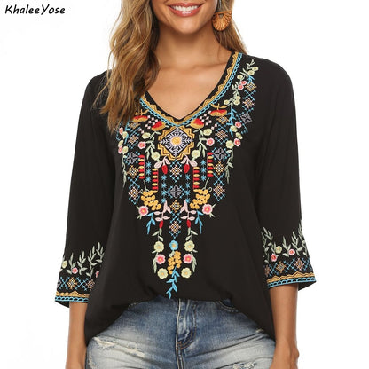 Boho Floral Embroidery Blouse
