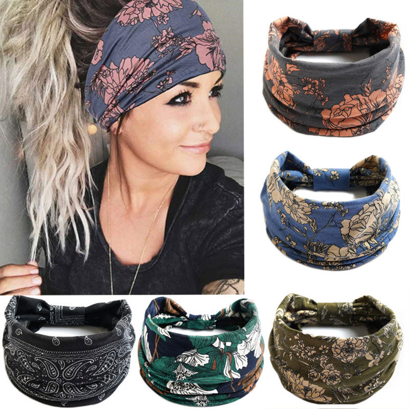 Boho Flower Print Wide Headbands Vintage
