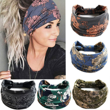 Boho Flower Print Wide Headbands Vintage