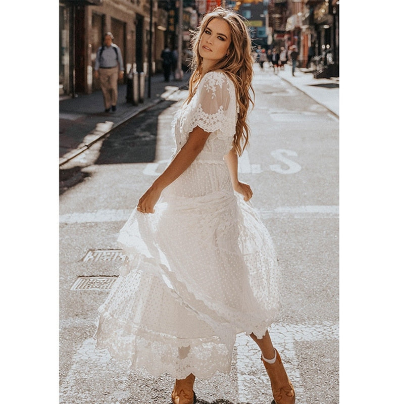 Hollow Out White Dress Sexy Boho